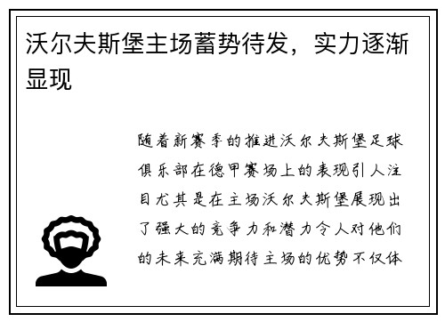 沃尔夫斯堡主场蓄势待发，实力逐渐显现